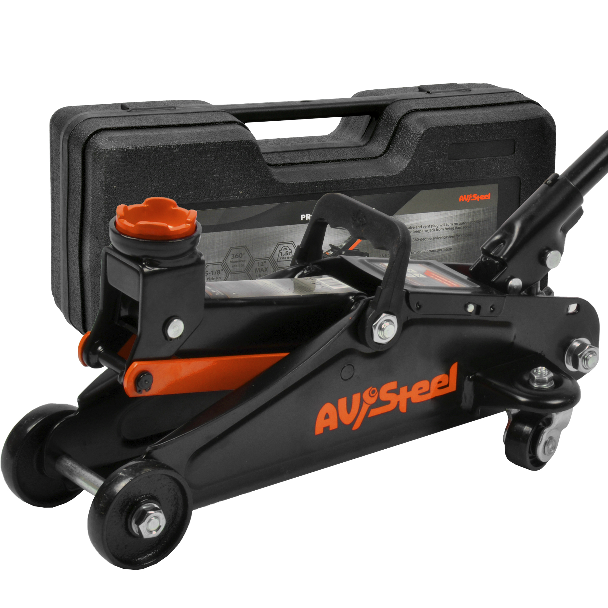 AV Steel Floor Jack with Storage Case — 1.5 Ton Capacity, 5in. - 12in. Lift Range, Single Piston Pump, Model# AV-150101F